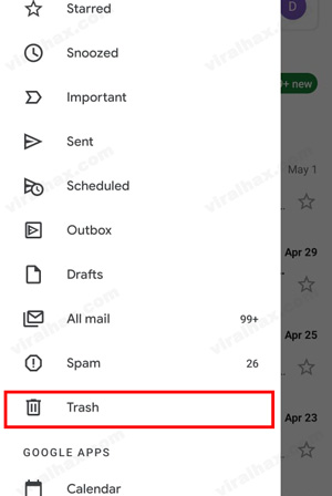 folder tempat sampah pada aplikasi gmail